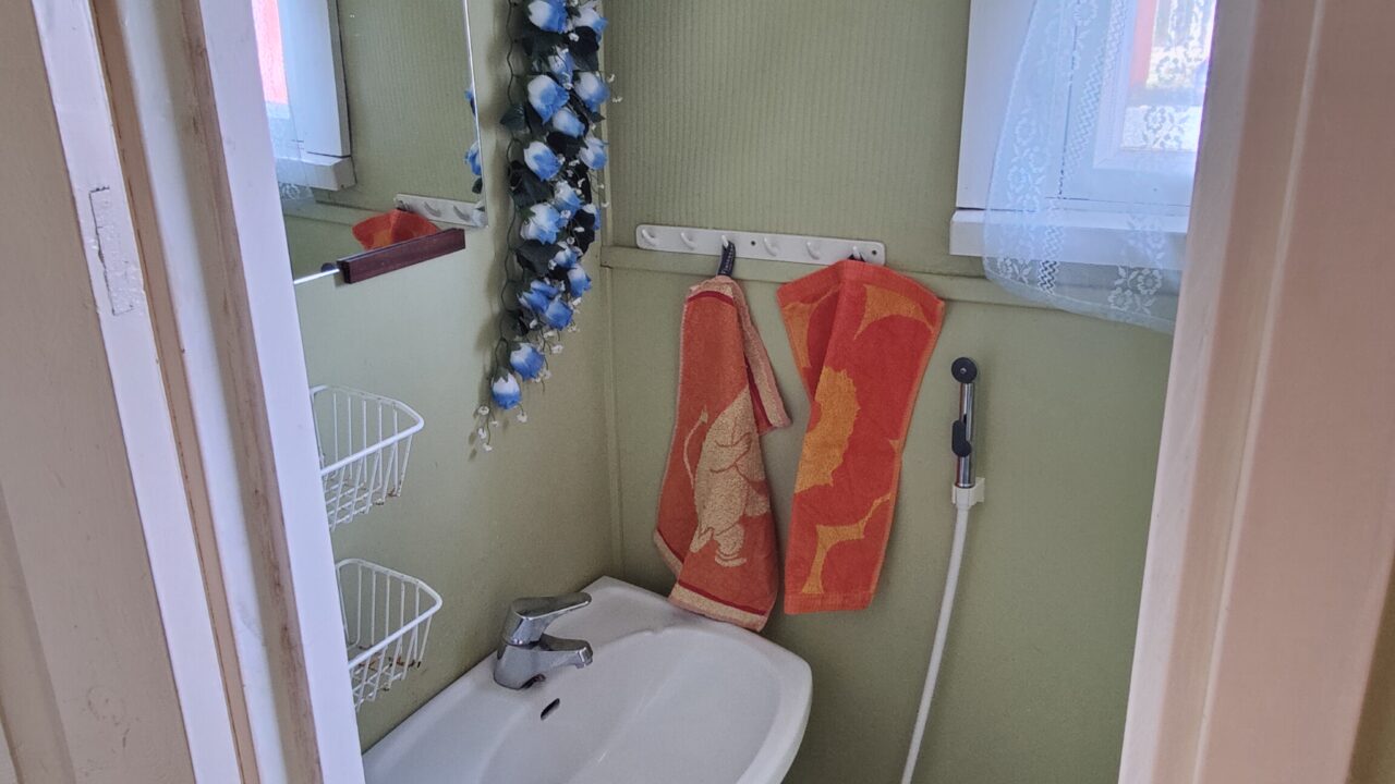 Vessassa vihreät seinät, valkoinen lavuaari ja peili.