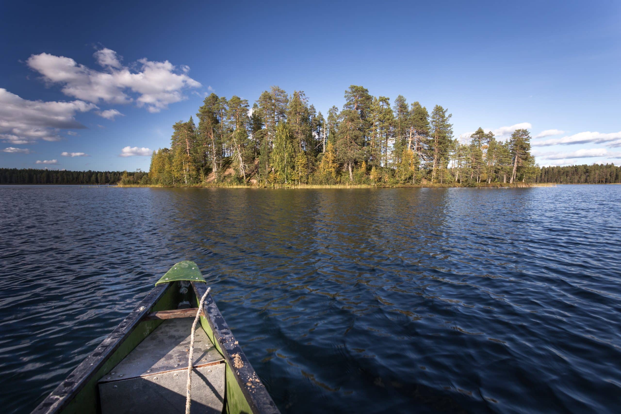Kanootin kyydistä kuvattuna järvimaisema, jossa näkyy vastaranta metsä.