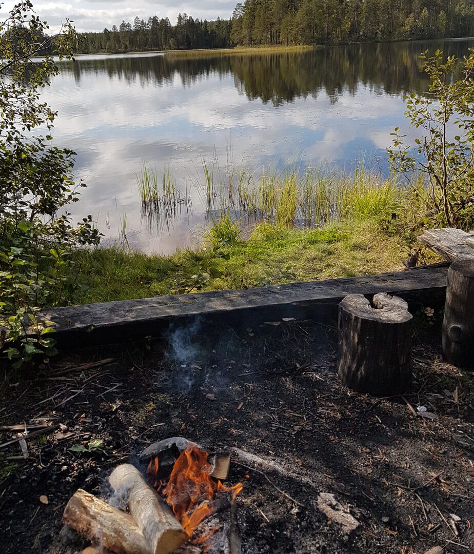Varisjärven nuotiontekopaikka, johon on sytytetty nuotio, nuotion ympärillä istumapuut.