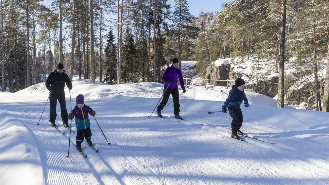 Kaksi lasta ja kaksi aikuista hiihtää Sonnikallion edessä.
