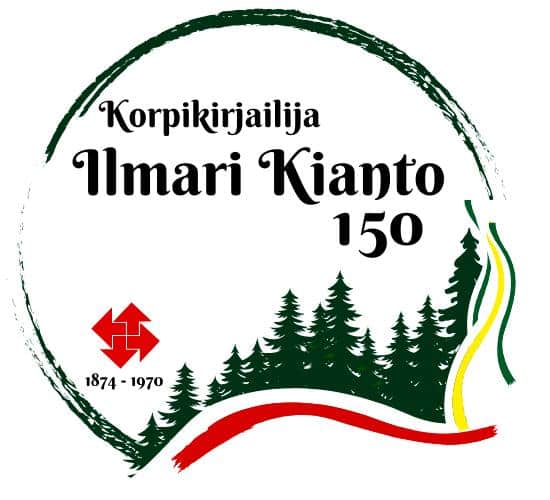 Ilmari Kianto 150 -juhlavuoden logo. Kuvassa vihreää kuusimetsää sekä Ilmari Kiannon tursaan sydän logo punaisella värillä.