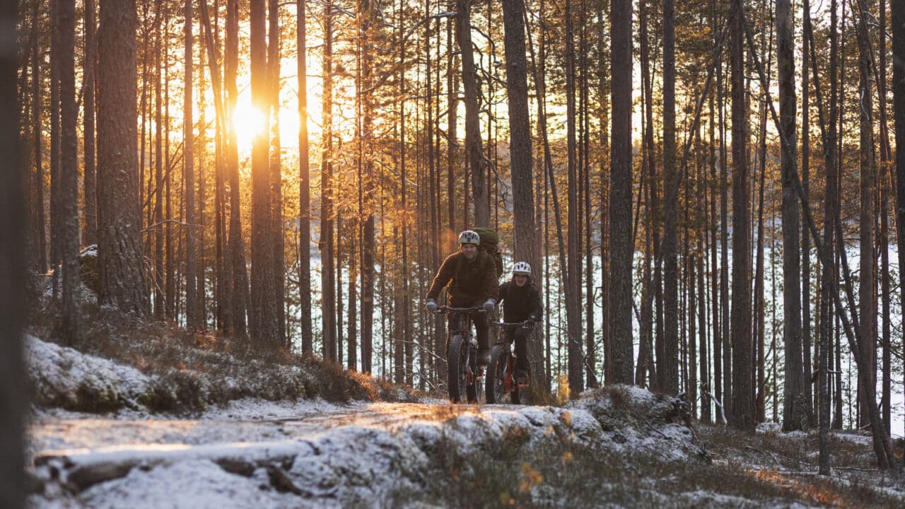 Kaksi pyöräilijää huurteisessa mäntymetsässä auringonlaskun aikaan.
